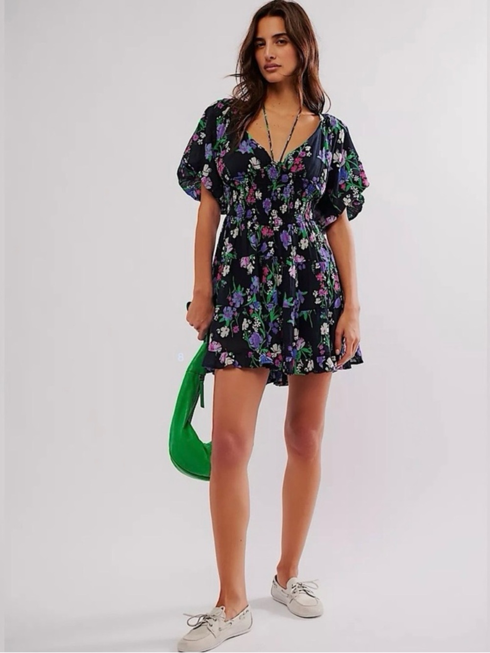 Free People Black Floral Smocked Mini Dress with Purple and Green Accents